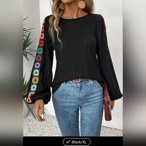 Black Granny Square Long Sleeve Women's Top Sz XXL